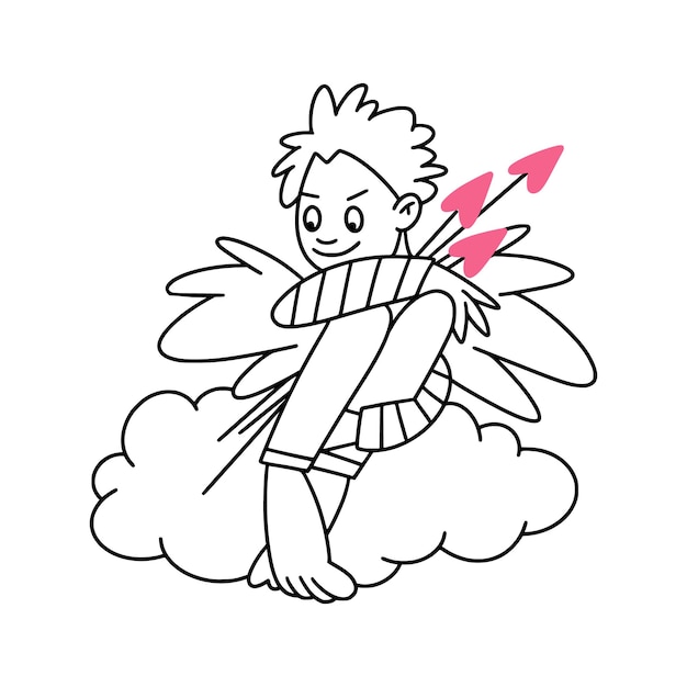 A valentine illustration of cute cupid boy with heartshaped sitting on the cloud