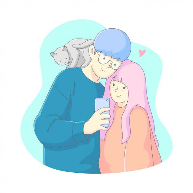 Valentine illustration, young couple take a selfie together with a cat above the man.