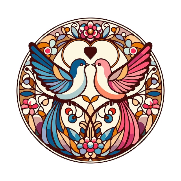 valentine love bird flat vector design in art nouveau style