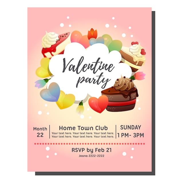 Valentine party invitation card with slice of chocolate cake