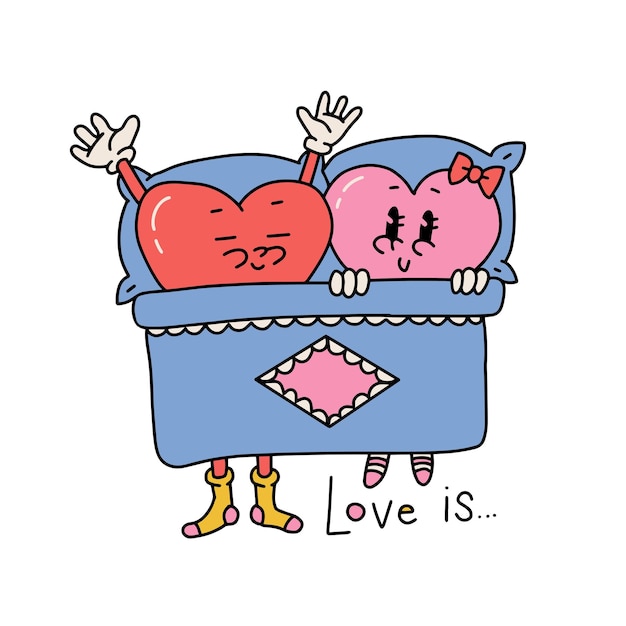 Valentine retro cartoon style isolated print design happy couple of heart chatacters lying on bed vi