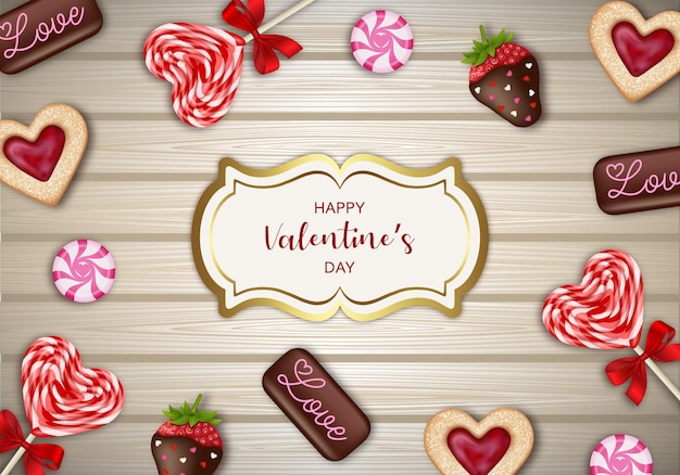 Valentine's day background with candies chocolates and cookies