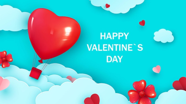 Valentine s day background with heart shaped balloon flying through the clouds. Romantic paper art in origami style. Vector