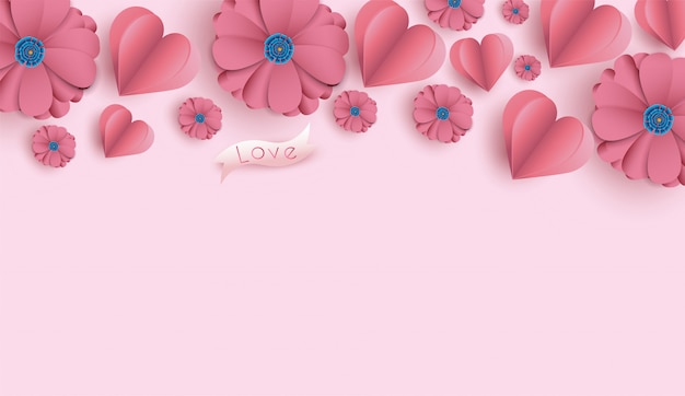 Valentine's Day background with paper cut flowers and hearts.