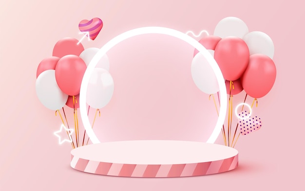 Valentine's Day background with product display and heart shaped balloons. Vector illustration