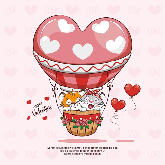 Vector valentine's day balloon with cute tiger, cute cartoon illustration