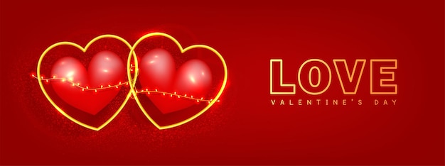 Vector valentine's day banner background with two red balloons decorative metal gold and decoration lights.