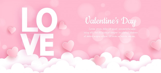 Valentine's day banner with love word and hearts on clouds