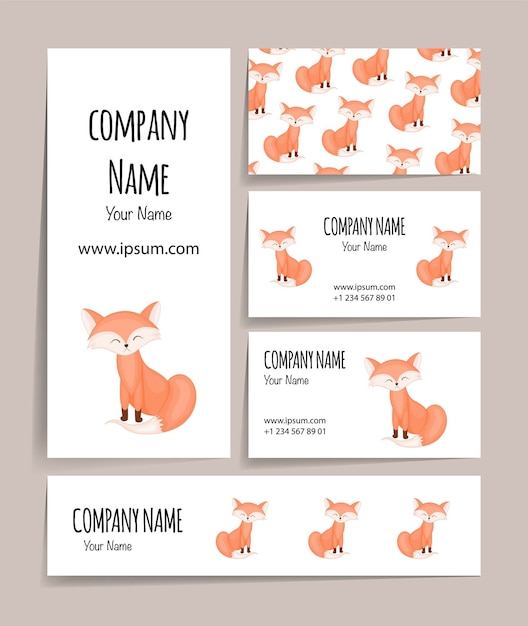 Valentine's Day business card with a fox. Cartoon style. Vector illustration.