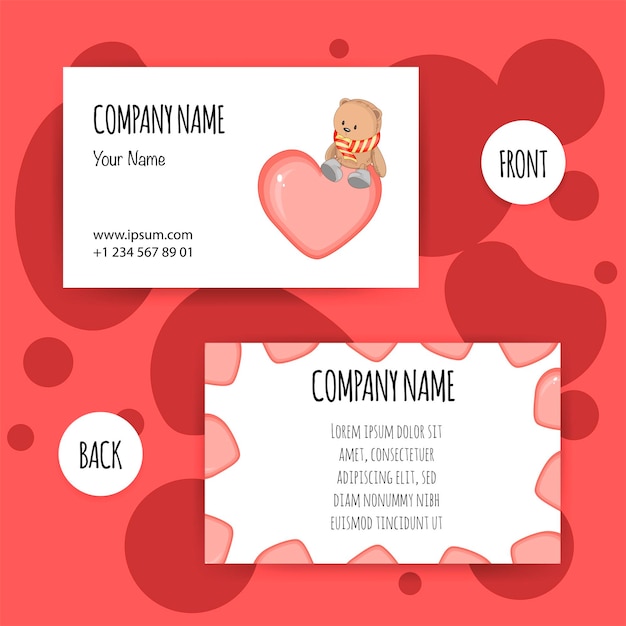 Valentine's Day business card with a teddy bear Cartoon style Vector illustration