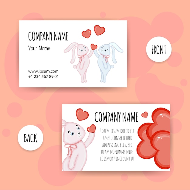 Valentine's Day business cards with cute bunnies. Cartoon style. Vector illustration.