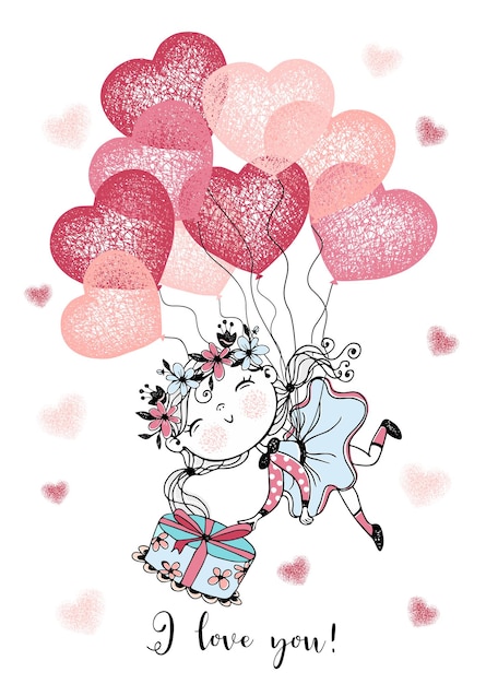 A Valentine's day card. A cute girl is flying balloons with a gift. Vector.