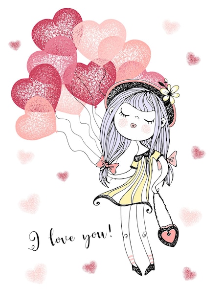 A Valentine's Day card. Cute girl with balloon hearts. Vector