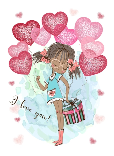 A Valentine's day card Cute girl with balloons in the form of hearts Watercolor background Vector