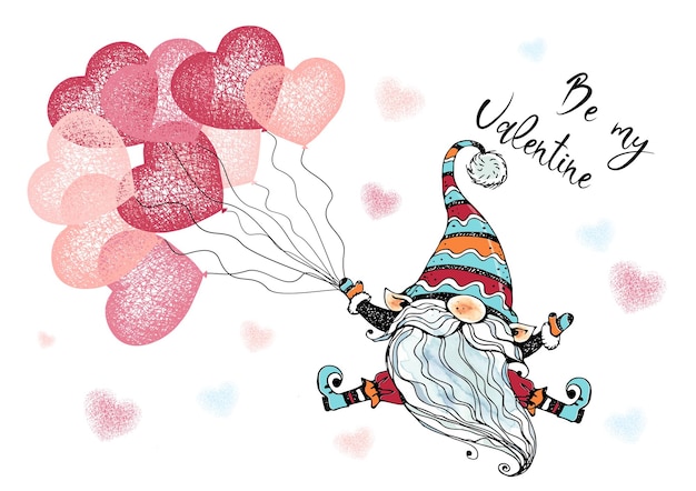 Valentine's Day card with a cute gnome with balloons in the form of hearts . Vector