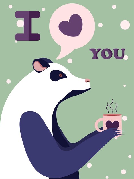 Valentine's day card with a cute panda in love and a heart on a cup of coffee