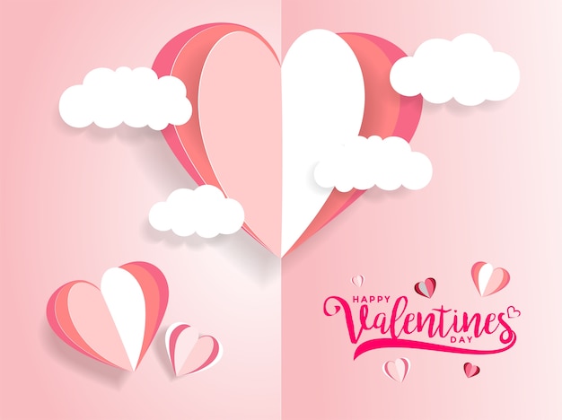 Valentine's day card with heart and cloud of paper cut effect