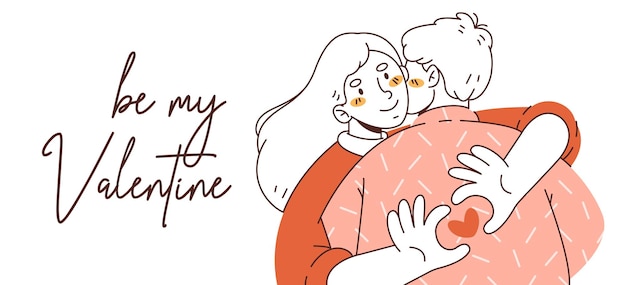 Valentine's day card with  people falling in love.Young cute girl hugs a guy. Characters in linear doodle style.