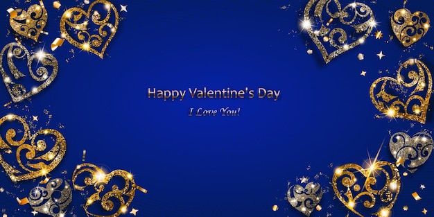 Valentine's day card with shiny hearts of silver and golden sparkles with glares and shadows on blue background