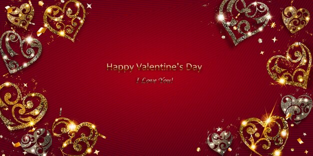 Vector valentine's day card with shiny hearts of silver and golden sparkles with glares and shadows on red background