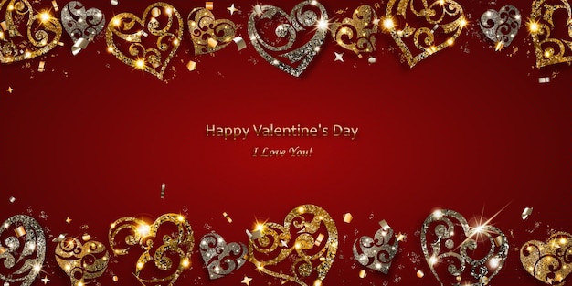 Valentine's day card with shiny hearts of silver and golden sparkles with glares and shadows on red background