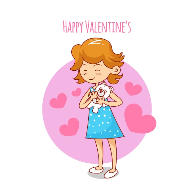 Valentine's Day cartoon romantic girl with bear