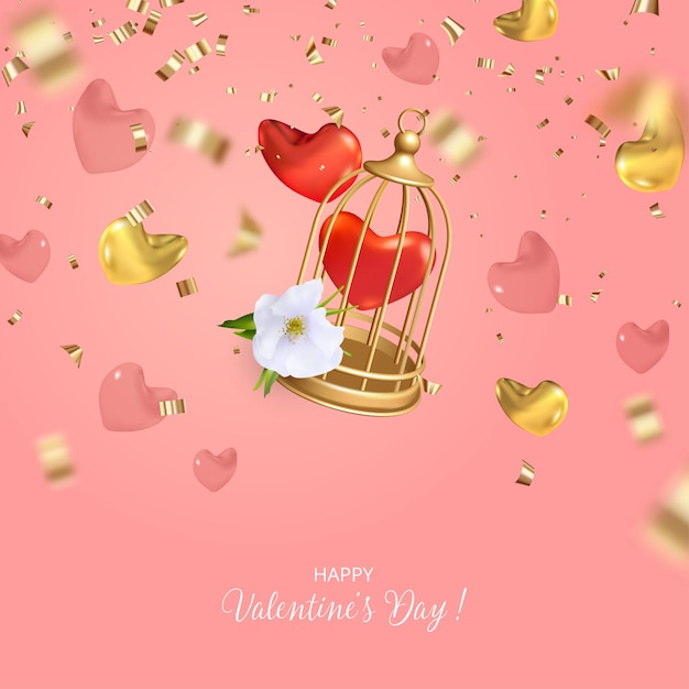 Valentine's day concept design with falling bird cage, hearts and glitter