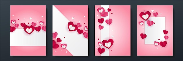 Valentine's day concept posters set. Vector illustration. 3d red and pink paper hearts with frame on geometric background. Cute love sale banners or greeting cards