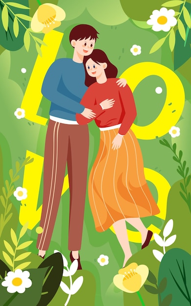 Valentine's day couple lying on the lawn with plants and flowers in the background vector