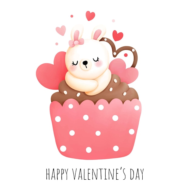 Valentine's day cupcake with rabbit, vector illustration