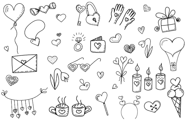 Valentine's day doodle design, many different items, isolated vector