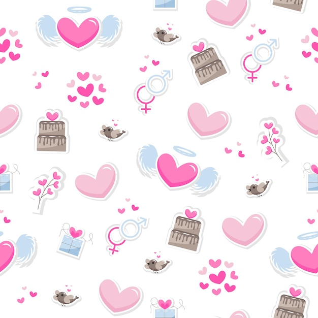 Valentine's day elements abstract background. Set of cute hand drawn icons about love isolated on white background in delicate shades of colors. Pattern Happy Valentine's Day