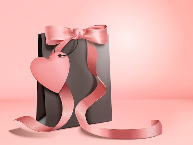 Valentine's day elements, black paper bag with elegant pink ribbons on it