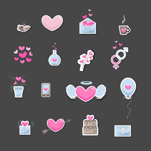 Valentine's day elements. Set of cute hand drawn icons about love isolated on dark background in delicate shades of colors. Happy Valentine's Day background.