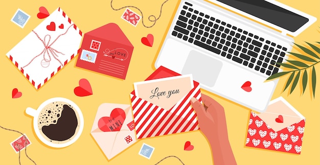 Valentine's day envelopes and card on the table with a postcard in hand for lovers in a flat style