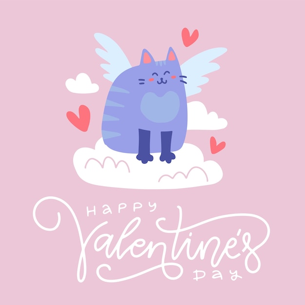 Valentine's Day greeting card or banner. Cupid blue winged Cat sitting on the Cloud with hearts. Flat illustration with lettering text.