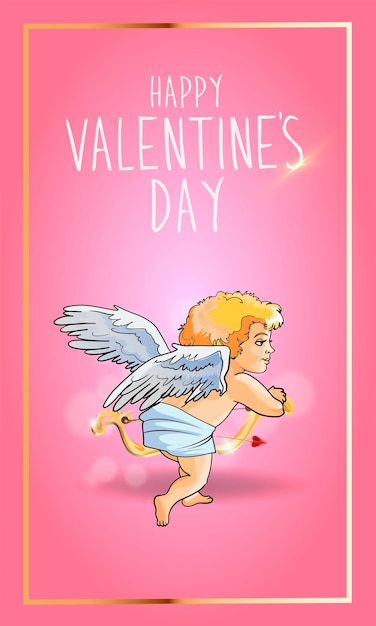 Valentine's day greeting card, banner, poster, flyer template. Cupid with white hair and a golden bow. Pink background. Vector illustration