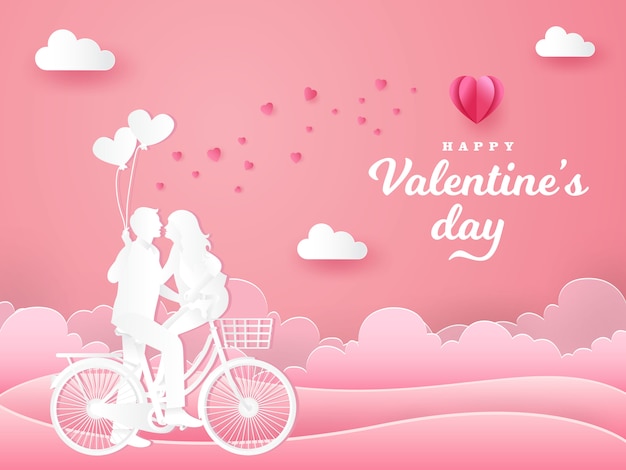 Valentine's Day greeting card. couple sitting at one bicycle and looking each other with one hand holding heart shaped balloons on pink 