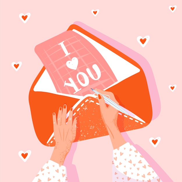 Valentine's day greeting card. Girl writes a love letter. Illustration with woman hands, envelope and letter. Vector illustration.