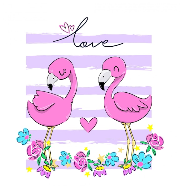 Valentine's day greeting card. A pair of pink flamingos with heart    illustration