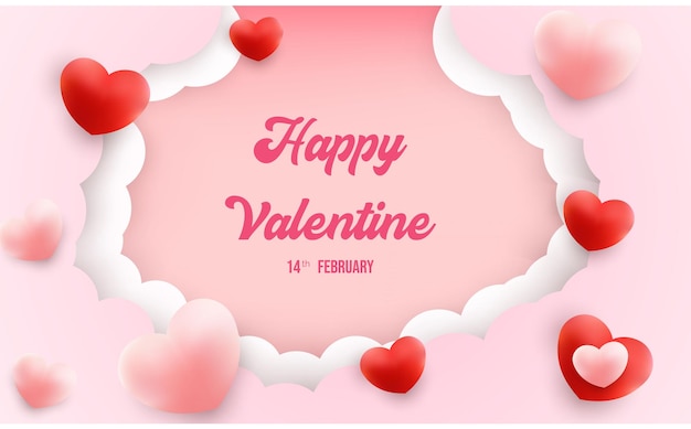 Valentine's day greeting card sale background with Heart Balloons and clouds on pink background