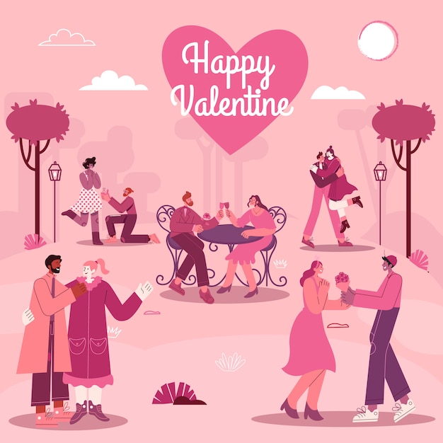 Valentine's Day greeting card with romantic couples in love with modern flat style vector illustration