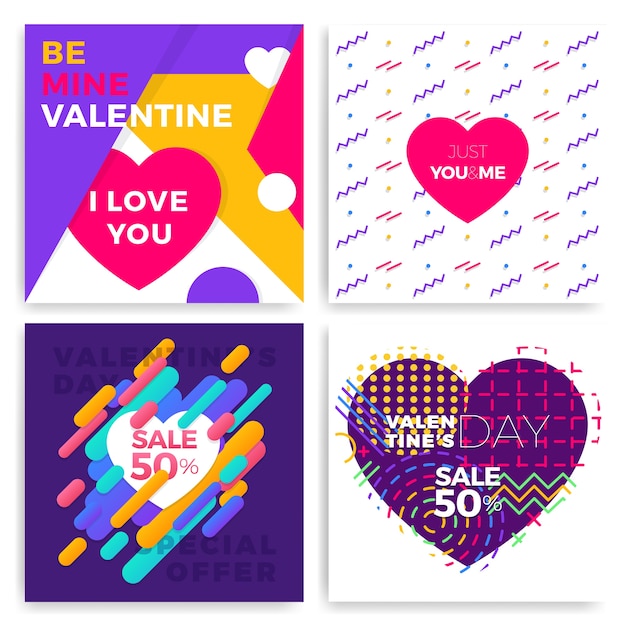 Valentine's day greeting cards set in trendy memphis style with geometric patterns 