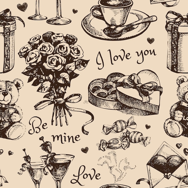 Valentine's Day Hand drawn sketch vector illustration Vintage love seamless pattern