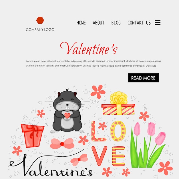 Valentine's Day home page template. Cartoon style. Vector illustration.