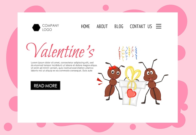 Valentine's Day home page template with cute ants Cartoon style Vector illustration