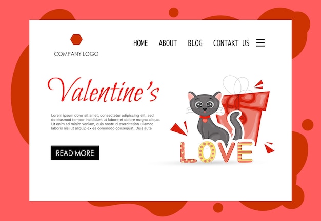 Valentine's Day home page template with a cute cat. Cartoon style. Vector illustration.