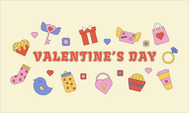 Valentine's day horizontal banner Retro design concept Cartoon style Flat valentine's elements Poster background wallpaper template