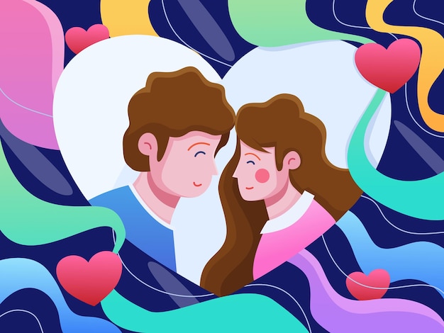 Valentine's day illustration with a happy couple. Flat Illustration of a Young couple in love.