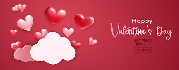 Valentine's Day illustration with voluminous hearts and paper clouds on red background